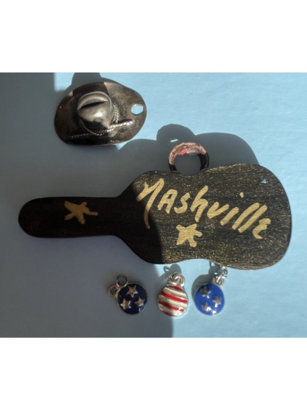 Nashville Tennessee Charms: Wood Guitar; State Flag Stars Charms